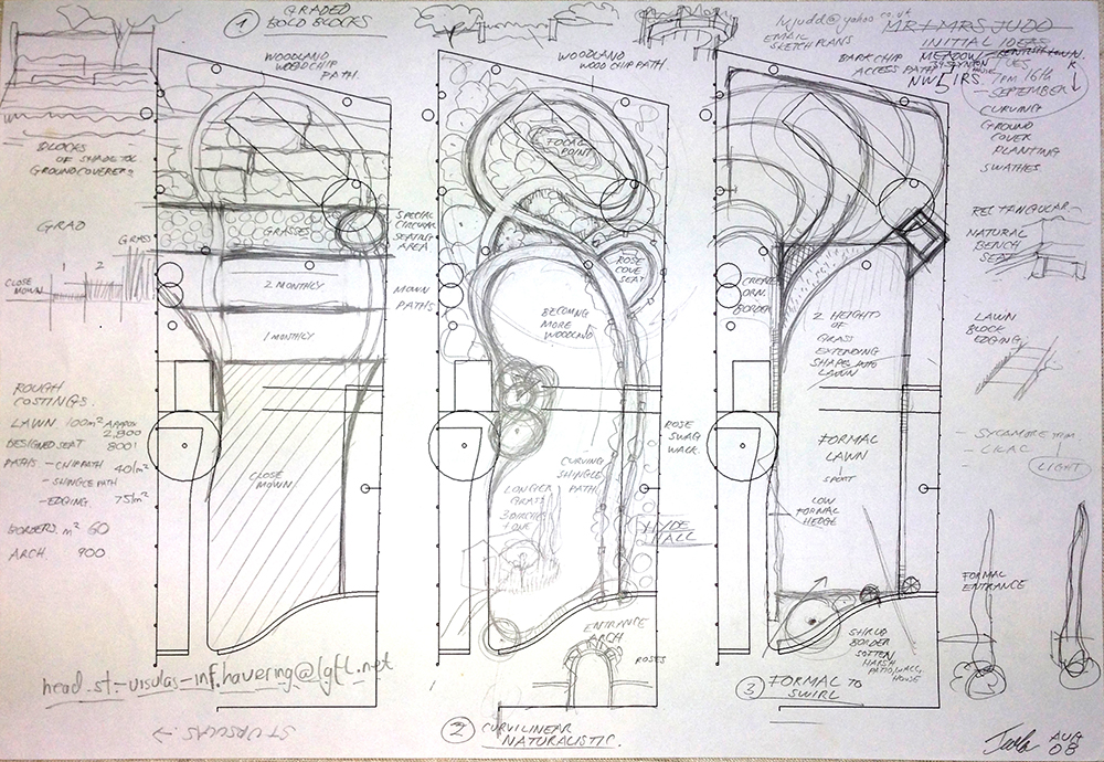 3 concept plans to scale of the ideas for the garden design, hand drawn with notes and diagrams 